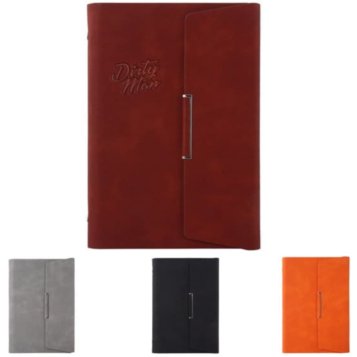 A5 business leather tri-fold notebook in brown, with additional notebooks in grey, black, and orange, featuring a logo.