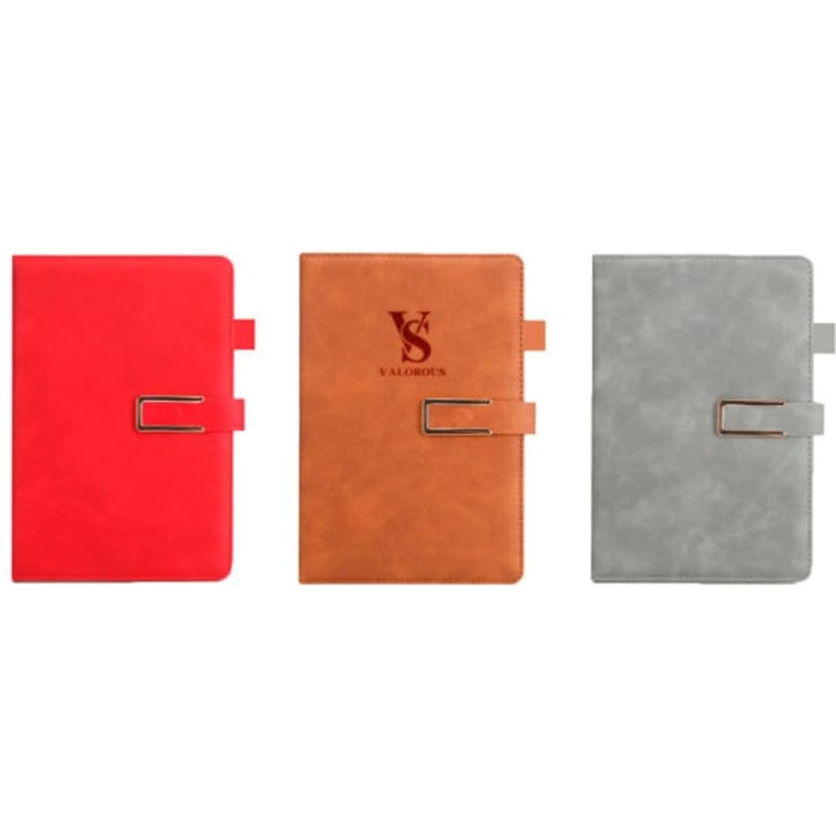 A5 notebook set featuring red, brown, and grey covers with a metal rim magnetic buckle and logo.