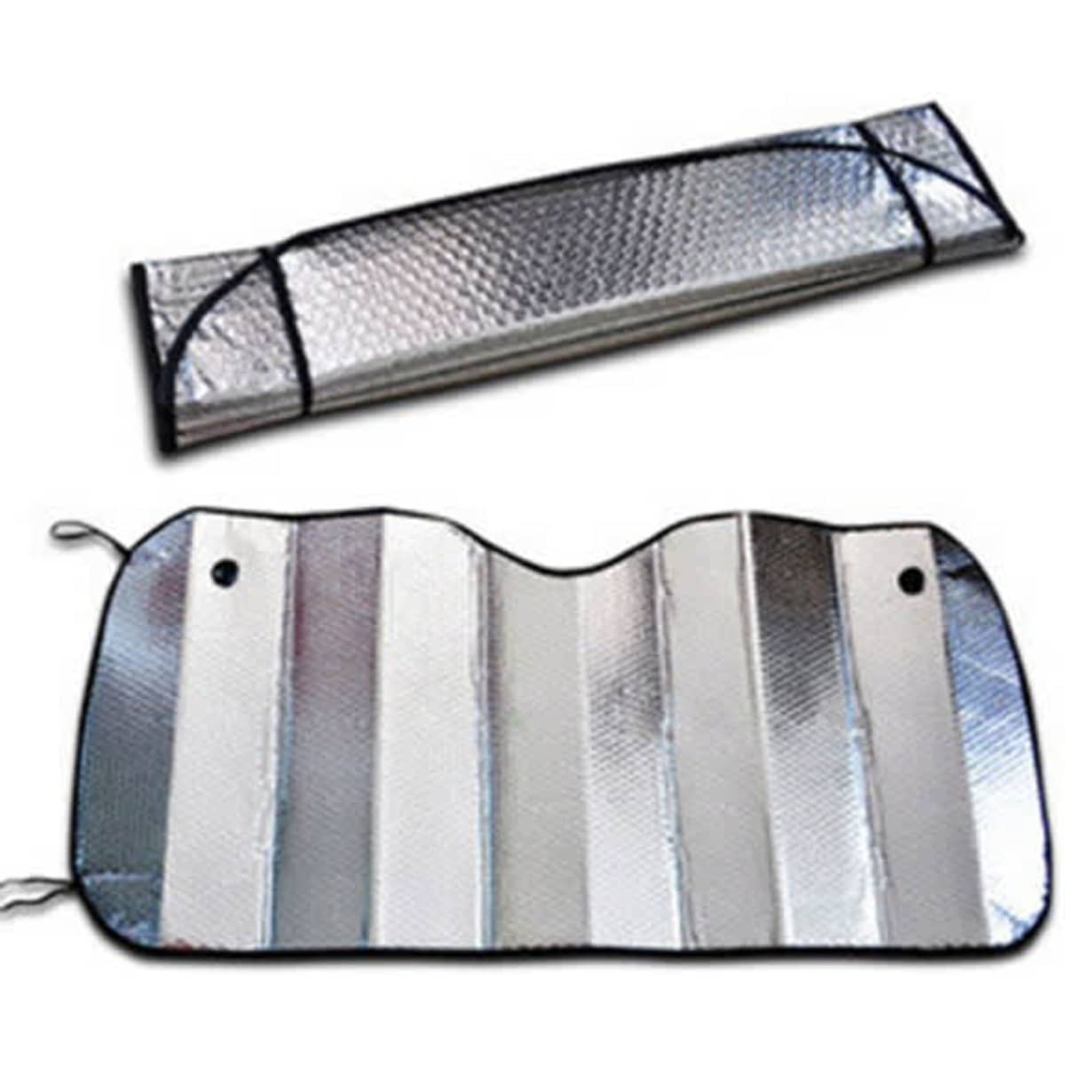 A double-sided aluminium foil car sunshade featuring a sleek silver design with a textured surface. It includes a logo.