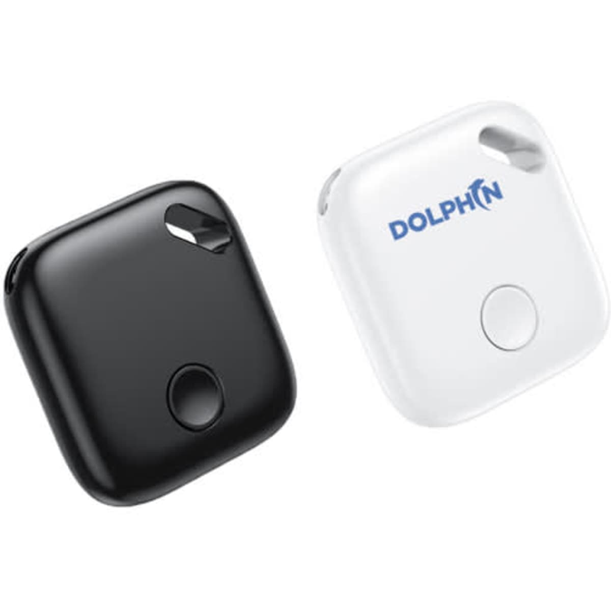 A black and a white Smart Wireless GPS Tracker, featuring a button and a branding logo on the white unit.