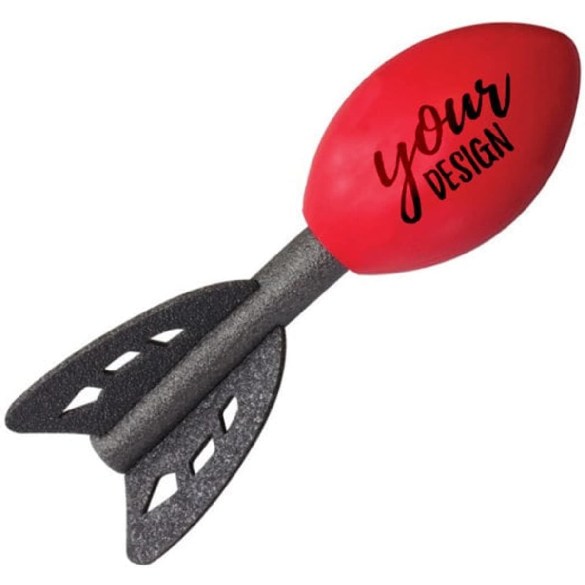 A red air rocket toy with a black tail, featuring a logo or branding for custom designs.