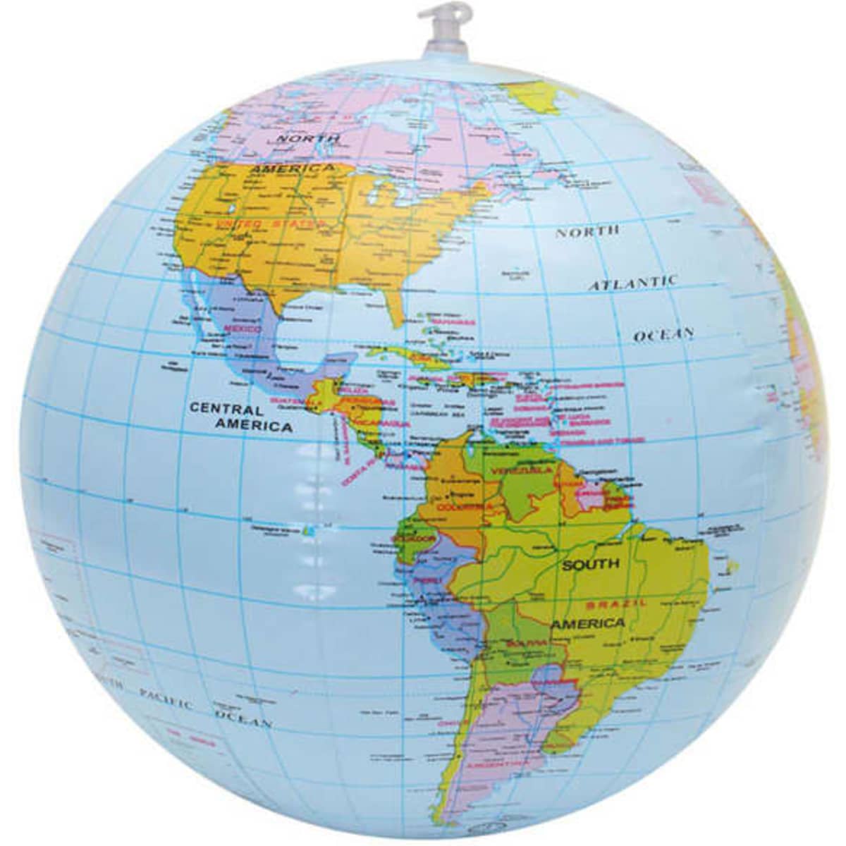 A colourful globe water ball featuring detailed continents and oceans, with a clear nozzle on top.