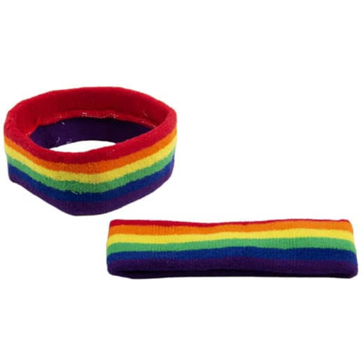 A vibrant rainbow terry cloth headband set featuring red, orange, yellow, green, blue, and purple stripes.