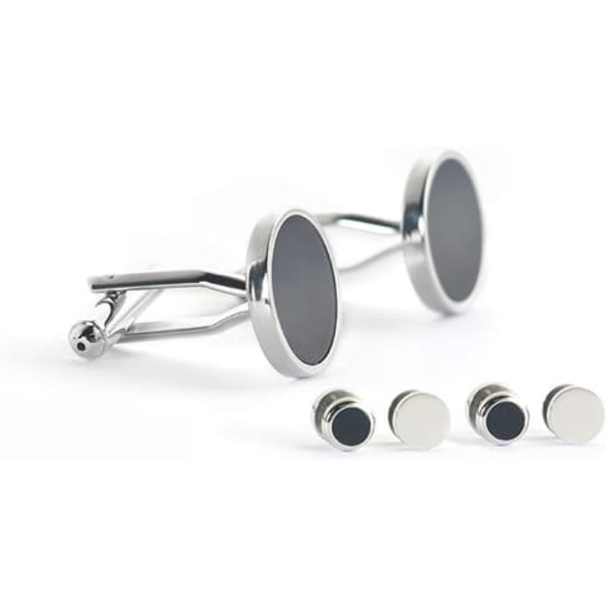 Black zircon cufflinks with a sleek silver exterior, featuring two oval-shaped pieces and matching round studs.