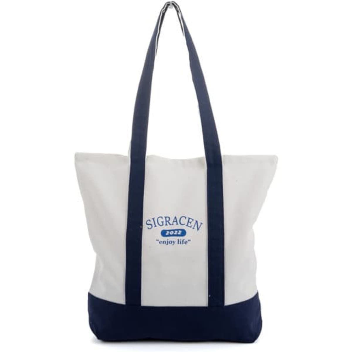 A 12 oz. cotton canvas grocery shopping bag in cream and navy, featuring a logo on the front and two long handles.
