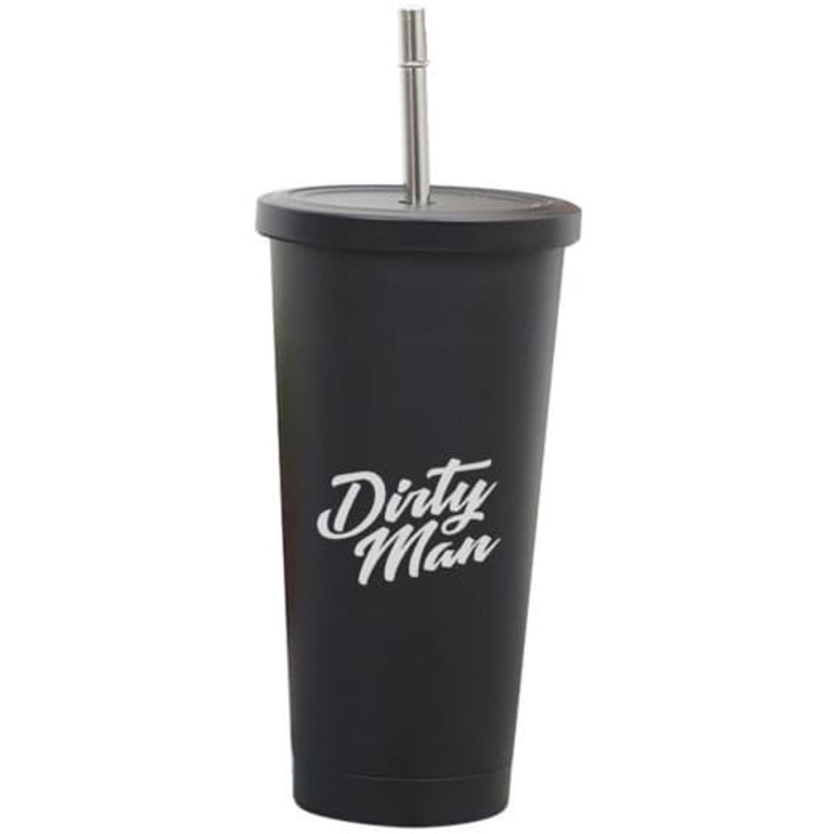 A drink bottle featuring a matte black stainless steel tumbler with a straw and a logo.