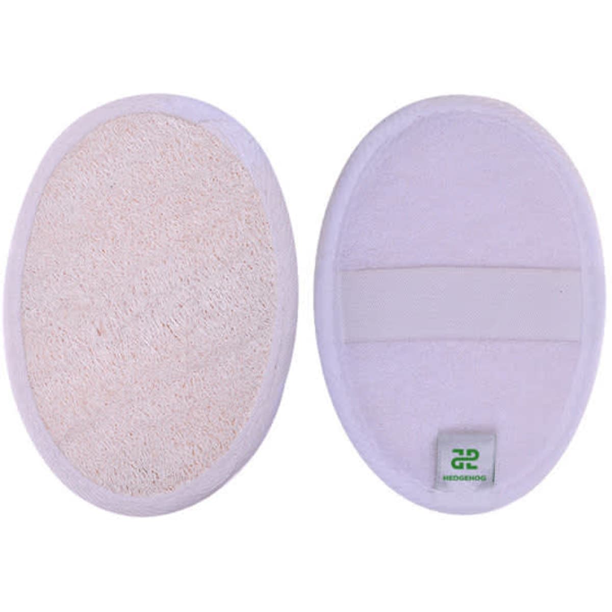 An oval exfoliating loofah sponge pad in white with a textured surface and a loop for grip.