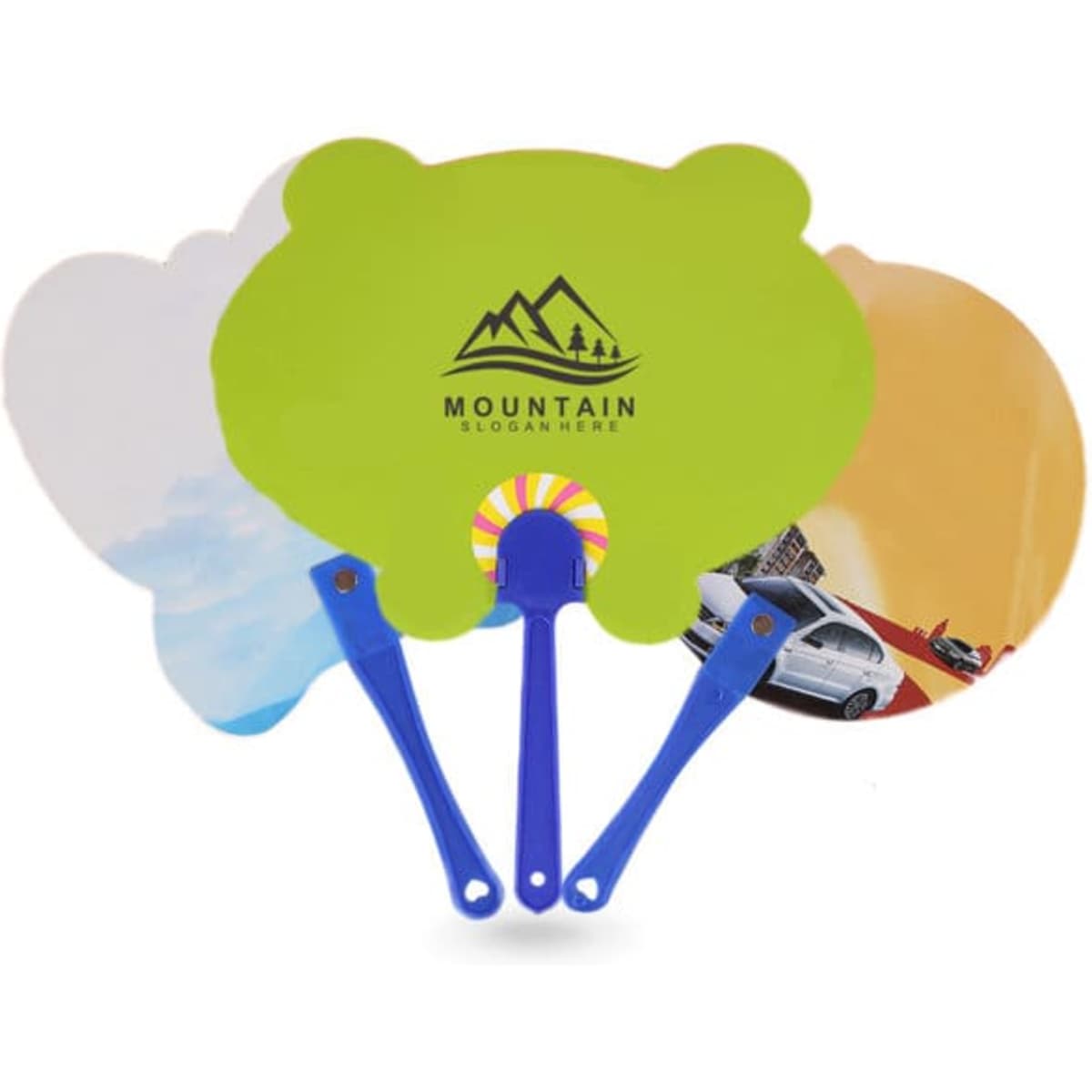 A set of three customised PP advertising hand fans in green and blue with various designs and a logo on one.