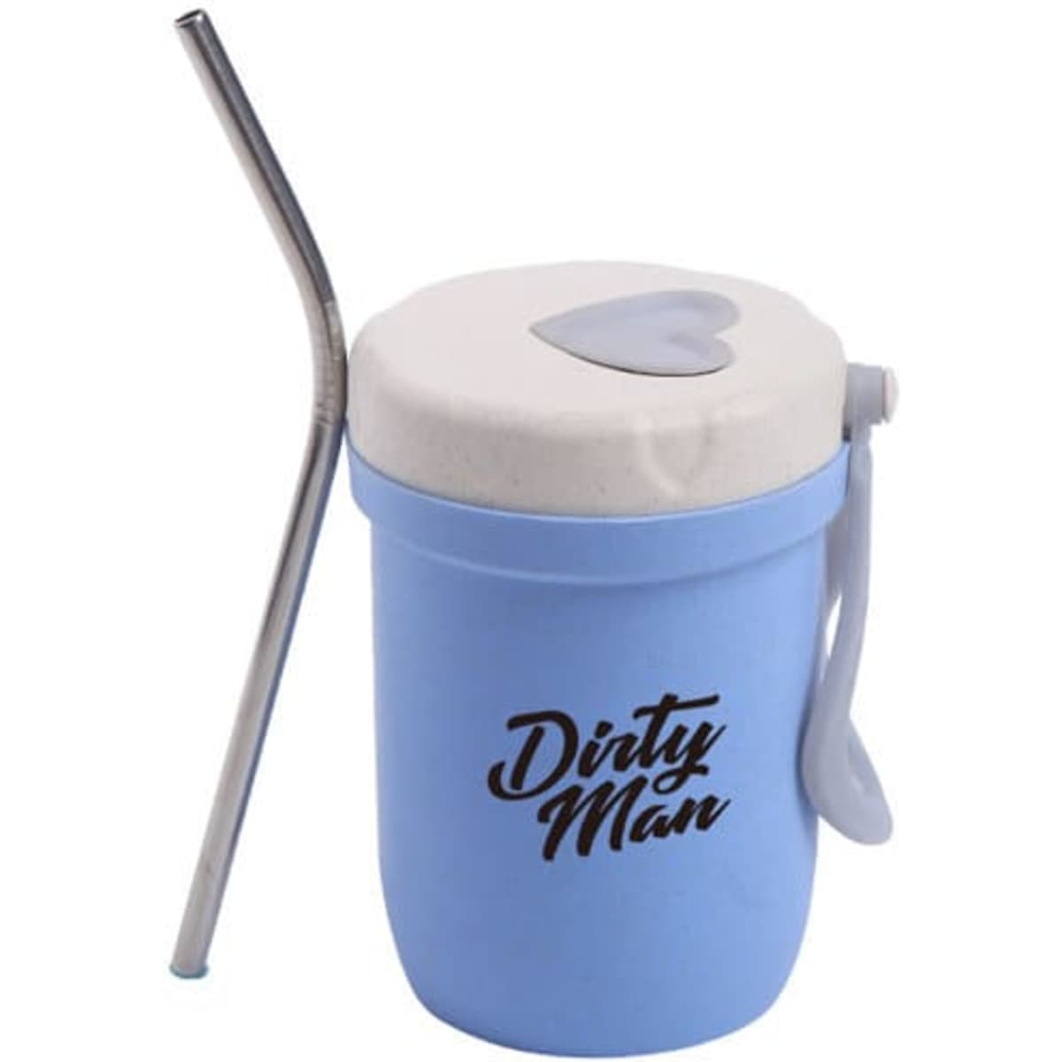 A drink bottle in light blue with a white lid and a metal straw, featuring a logo on the side.
