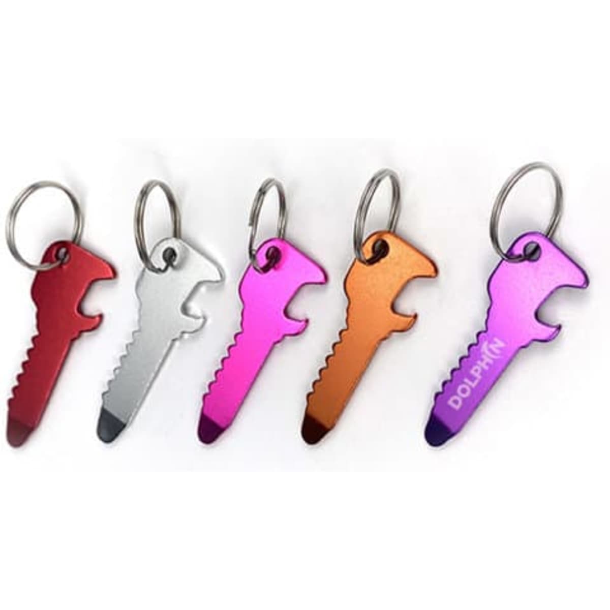 A drink bottle opener in the shape of a key, available in red, silver, pink, orange, and purple, with a keychain.