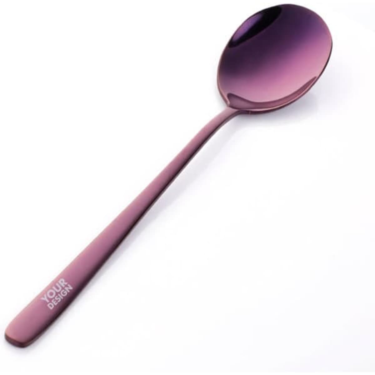 A stainless steel spoon in a gradient of purple tones, featuring a logo on the handle.