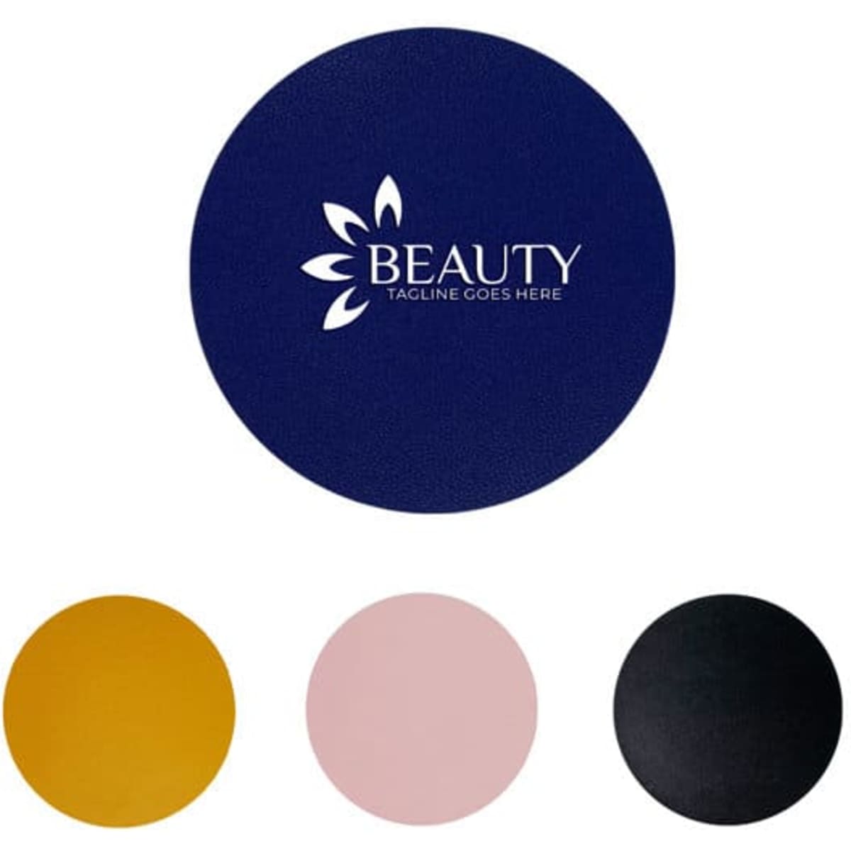 A round navy PU leather coaster with a logo and three additional coasters in yellow, pink, and black.