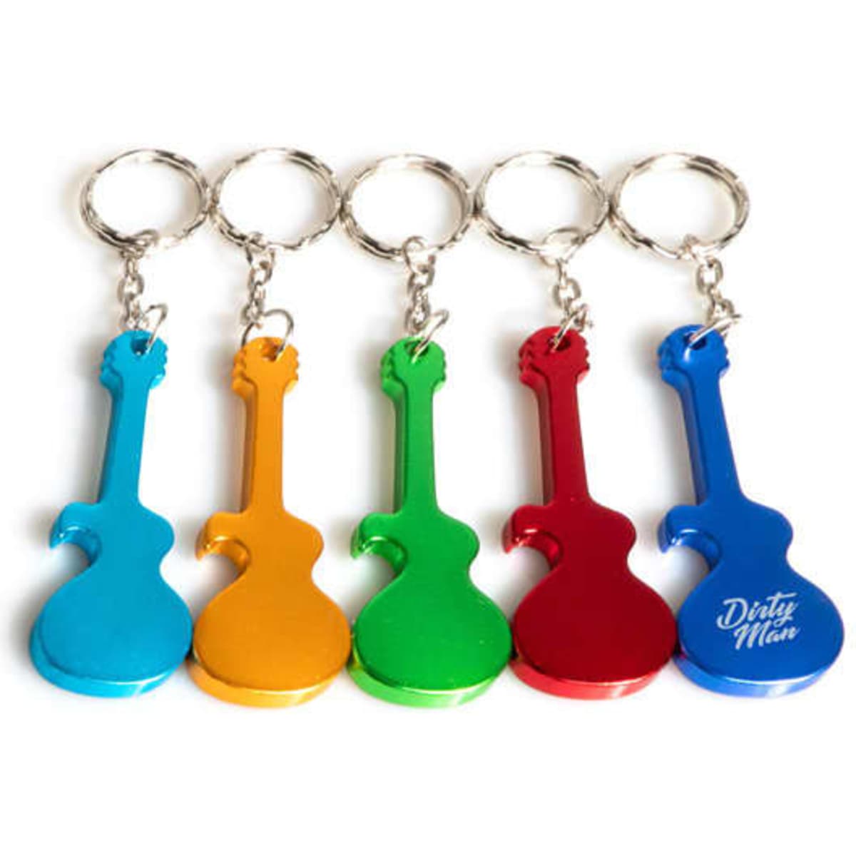 A drink bottle opener keychain in the shape of a guitar, available in blue, orange, green, red, and another blue colour.