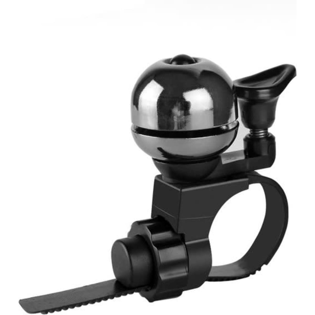 A retro mountain bike bell in chrome and black, featuring a classic design and an adjustable mounting strap.