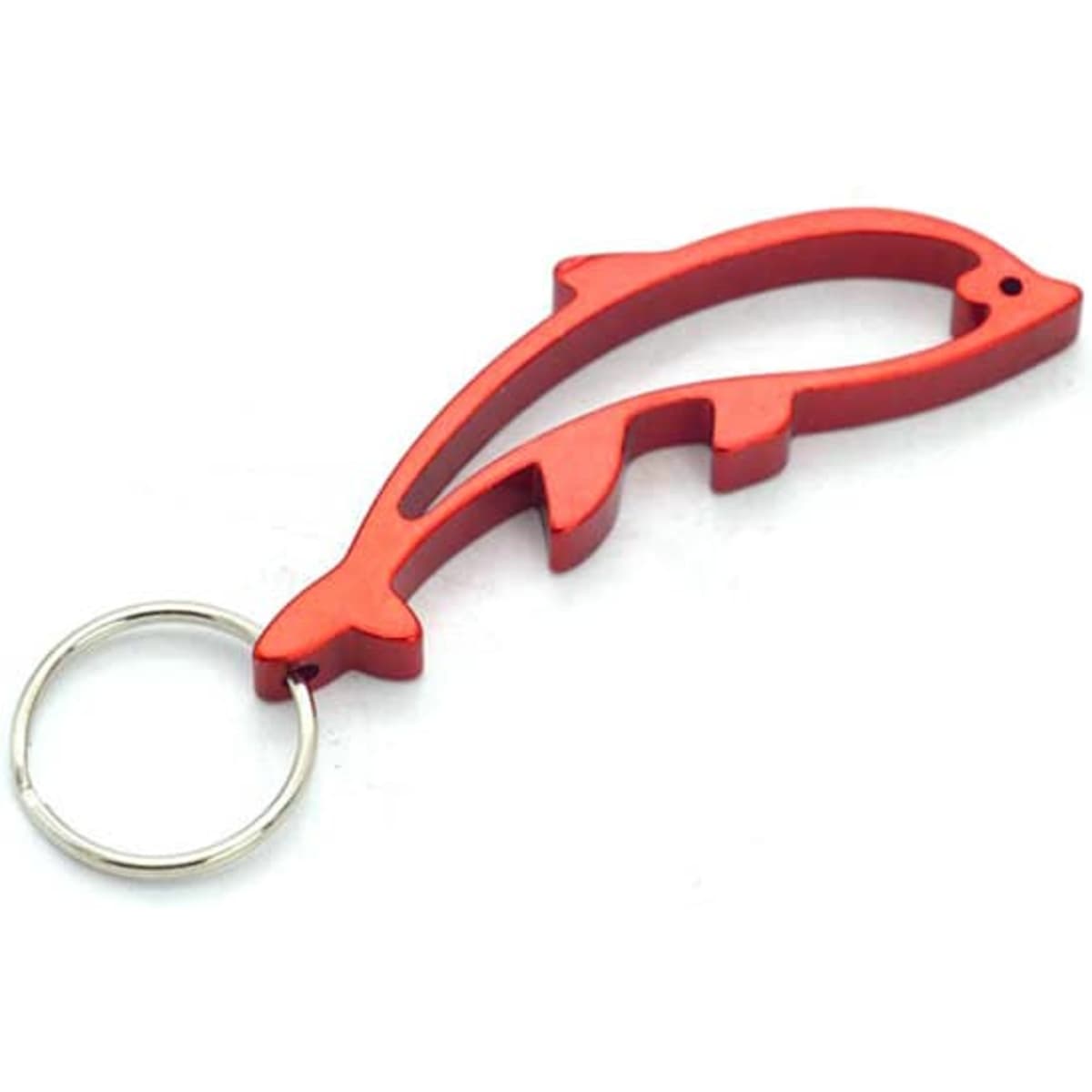A drink bottle opener in the shape of a dolphin, featuring a red metal finish and a keychain attachment.