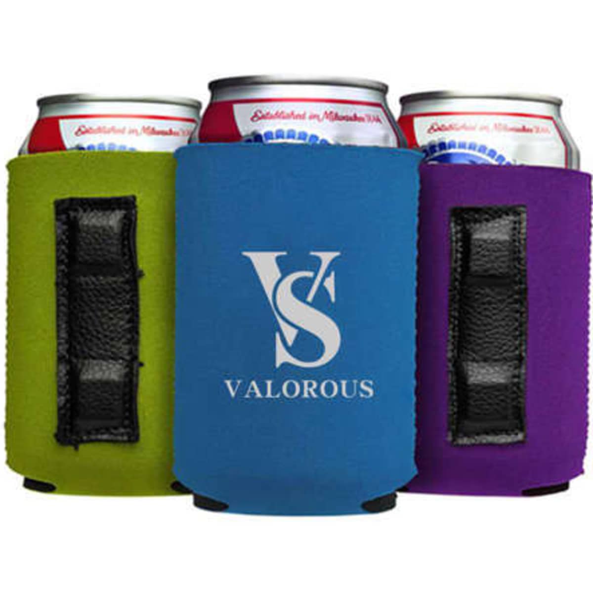 Neoprene magnet can coolers in green, blue, and purple with a logo on one side, holding canned drinks.