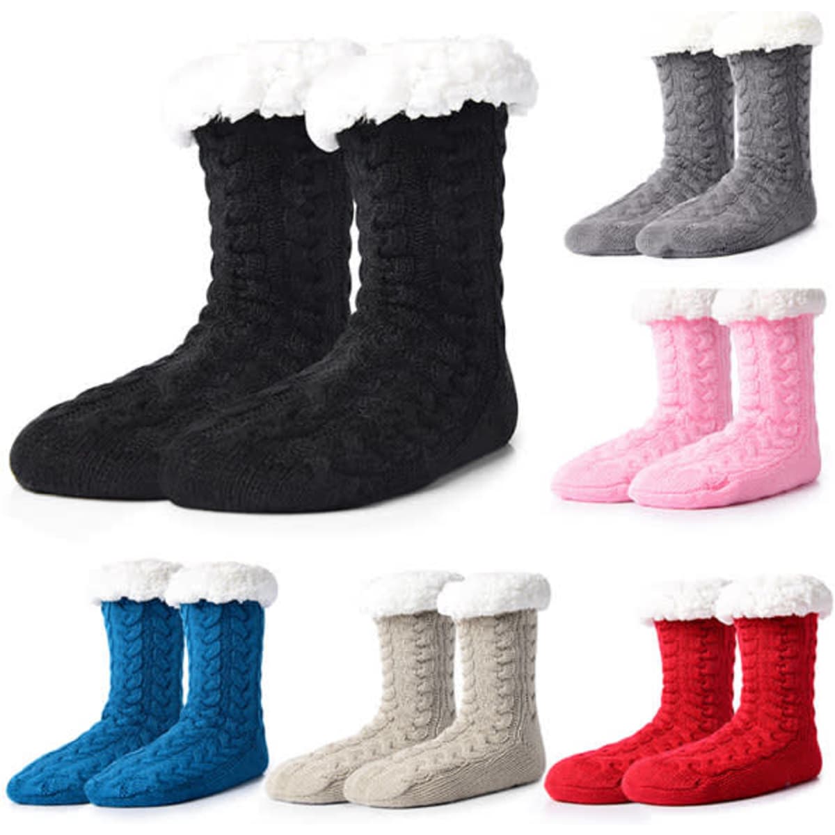 A collection of fleece non-slip floor socks in black, grey, pink, blue, cream, and red, featuring a fluffy white cuff.