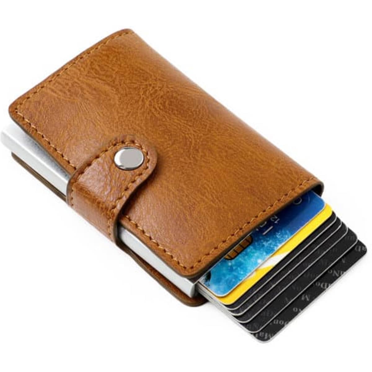 A vintage brown leather credit card holder with multiple cards visible, featuring a snap button closure.