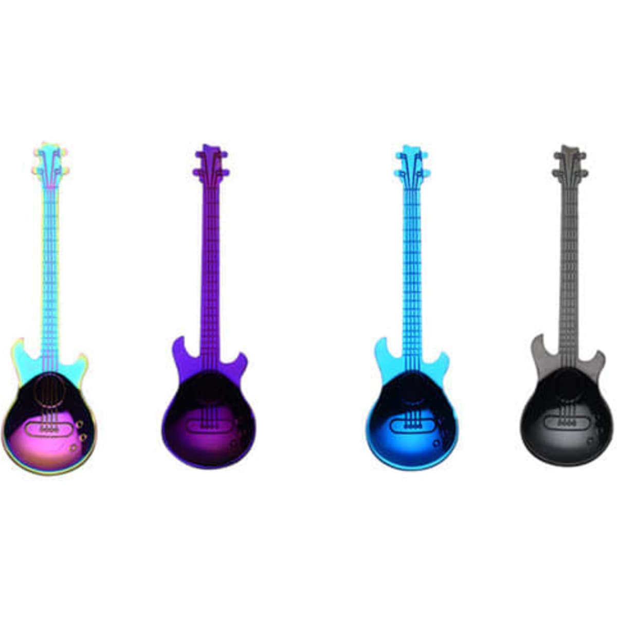 A set of four stainless steel spoons shaped like guitars, featuring vibrant colours including purple, blue, and black.