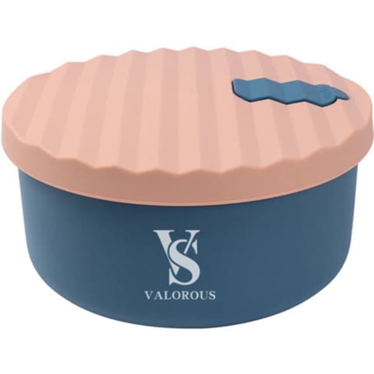 A round silicone lunch box in navy blue with a pink rippled lid and a logo.
