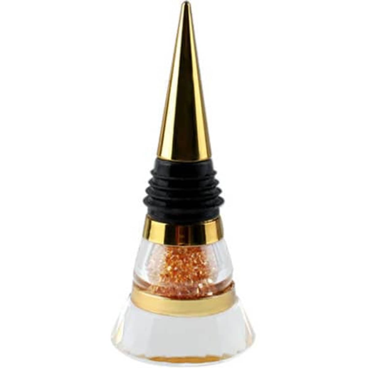 A drink bottle stopper featuring a gold and clear design with a pointed top and a black rubber seal.
