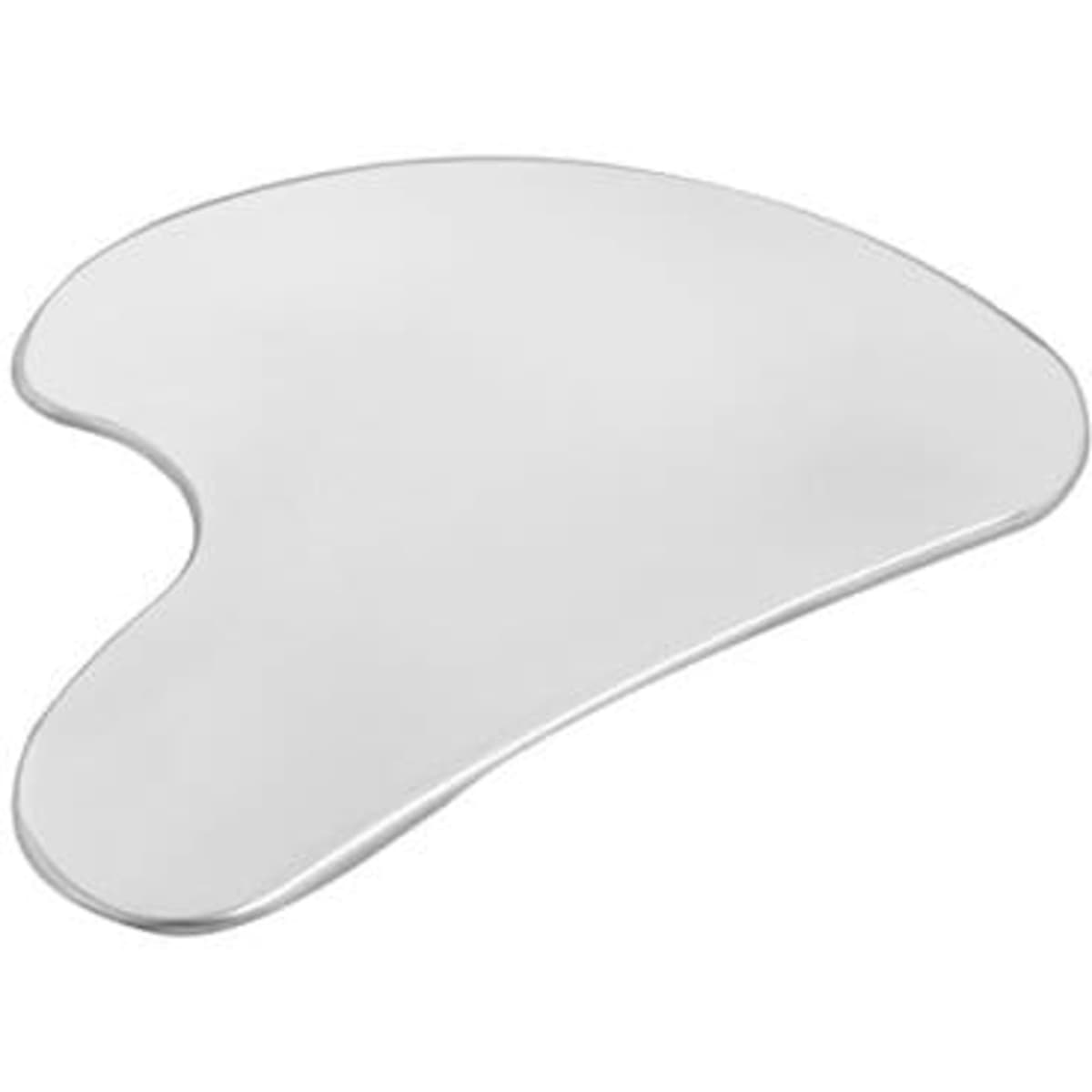 A stainless steel Gua Sha massage tool with a smooth, curved design and a reflective surface.