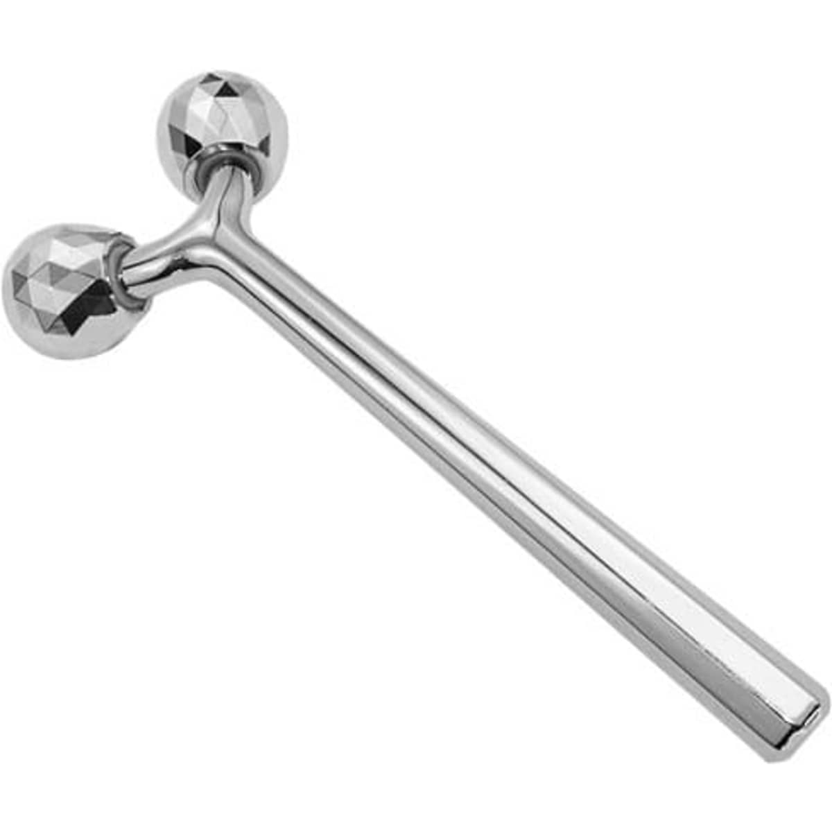 A silver 3D facial roller massager with two textured spherical ends and a straight handle.