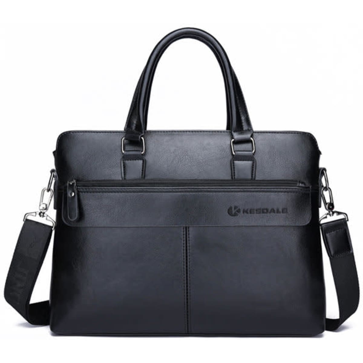 A black PU briefcase with dual handles and a detachable shoulder strap, featuring a front zip pocket and a logo.