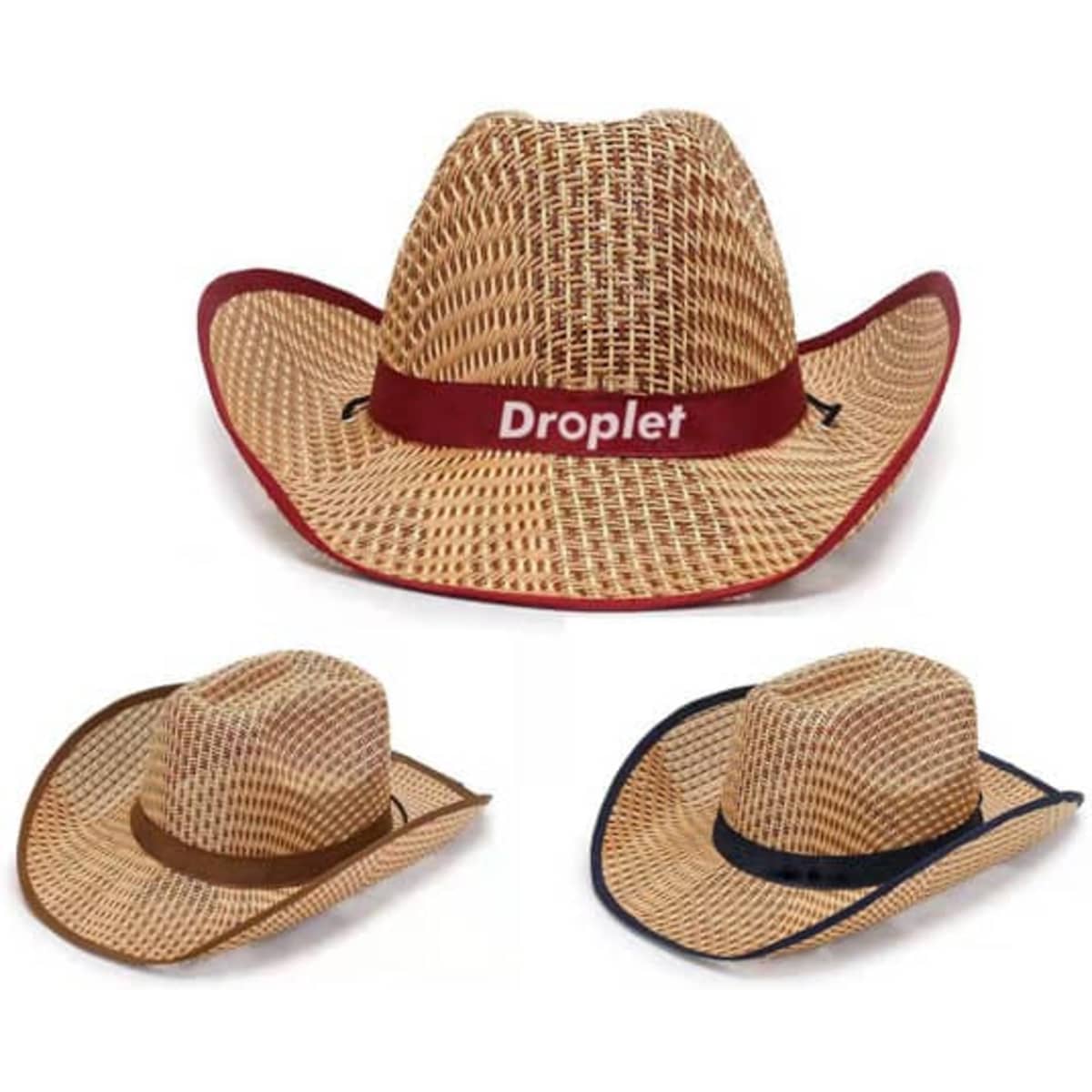 A straw cowboy hat in tan with red, brown, and navy options, featuring a logo on the band.