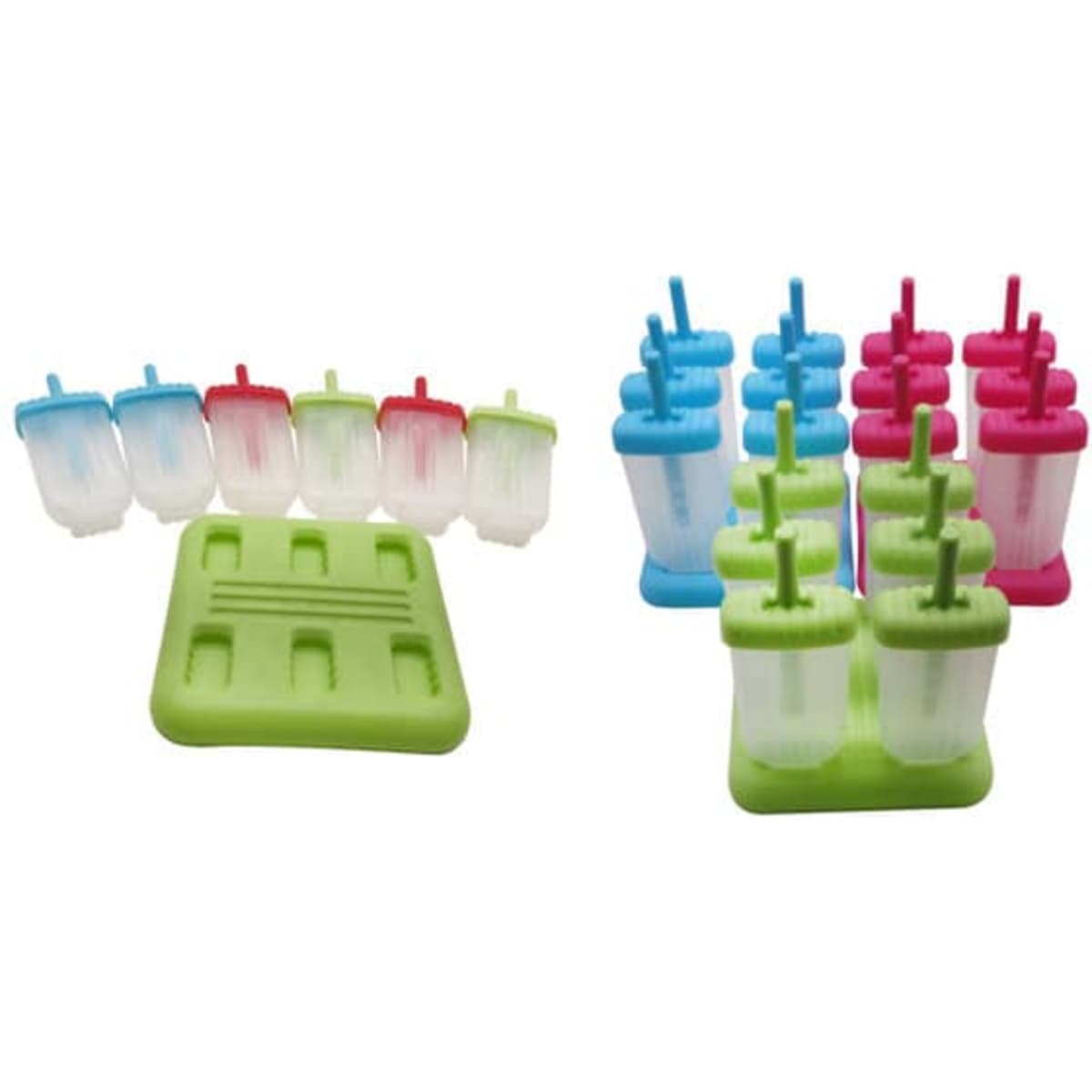 A set of colourful silicone popsicle moulds in green, blue, pink, and red, arranged with a matching tray.