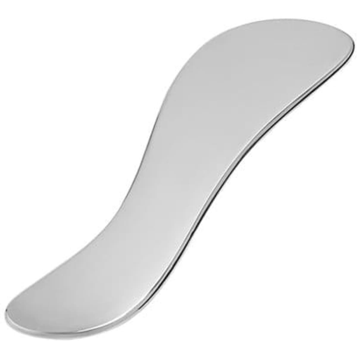 A stainless steel gua sha massage tool with a smooth, curved design. It features a shiny metallic surface and has a logo.