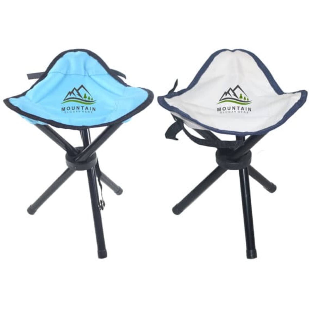 Portable triangle folding fishing chairs in blue and white, featuring a logo, with a compact tripod design.