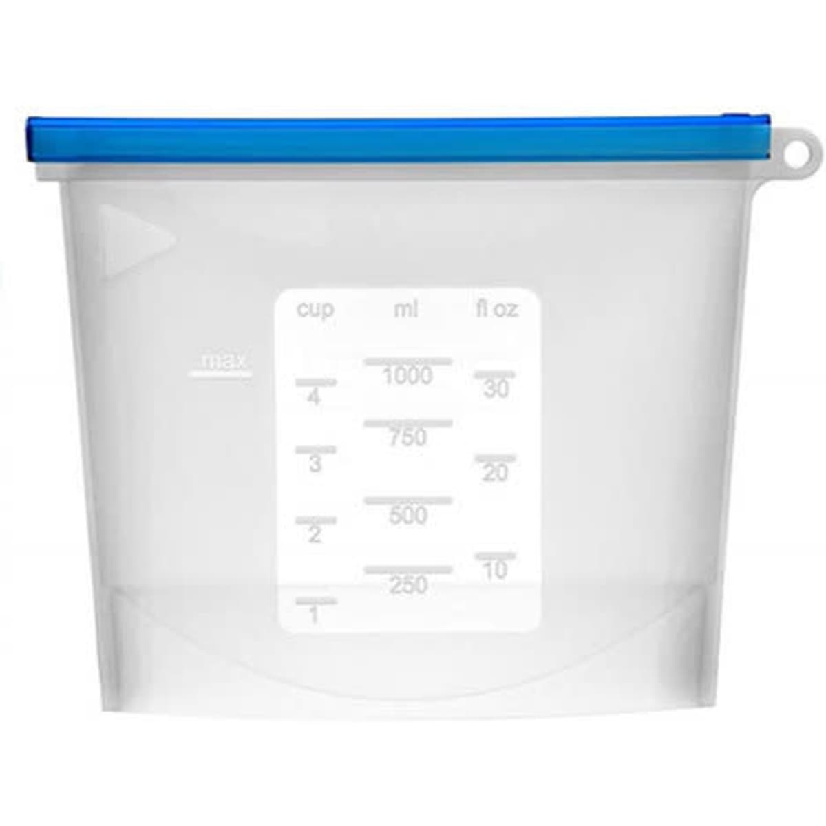A clear silicone storage bag with a blue zip seal, featuring measurement markings in cups and millilitres.