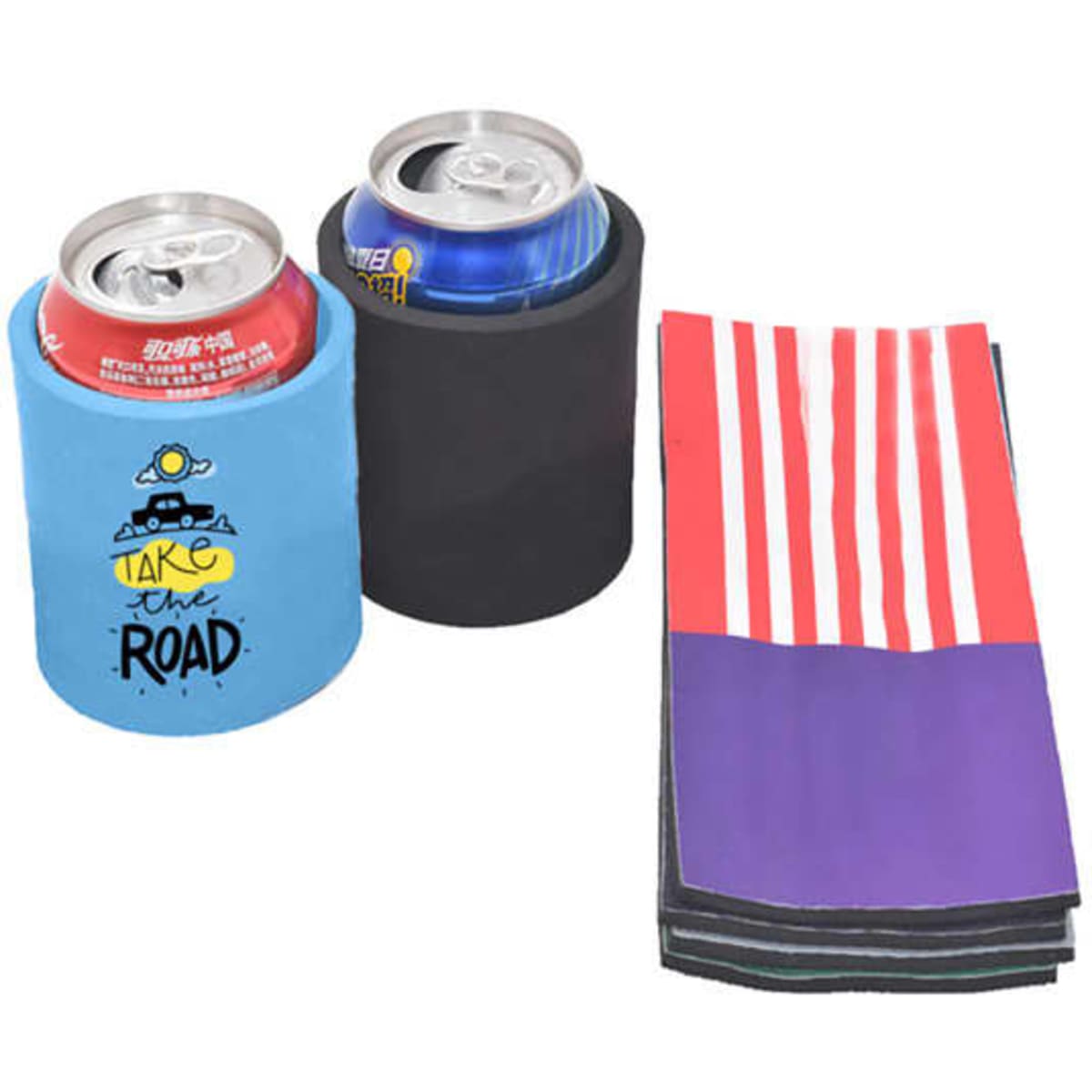 A drink cooler featuring a blue neoprene design with a logo, and two cans inside alongside striped wrap coolers.