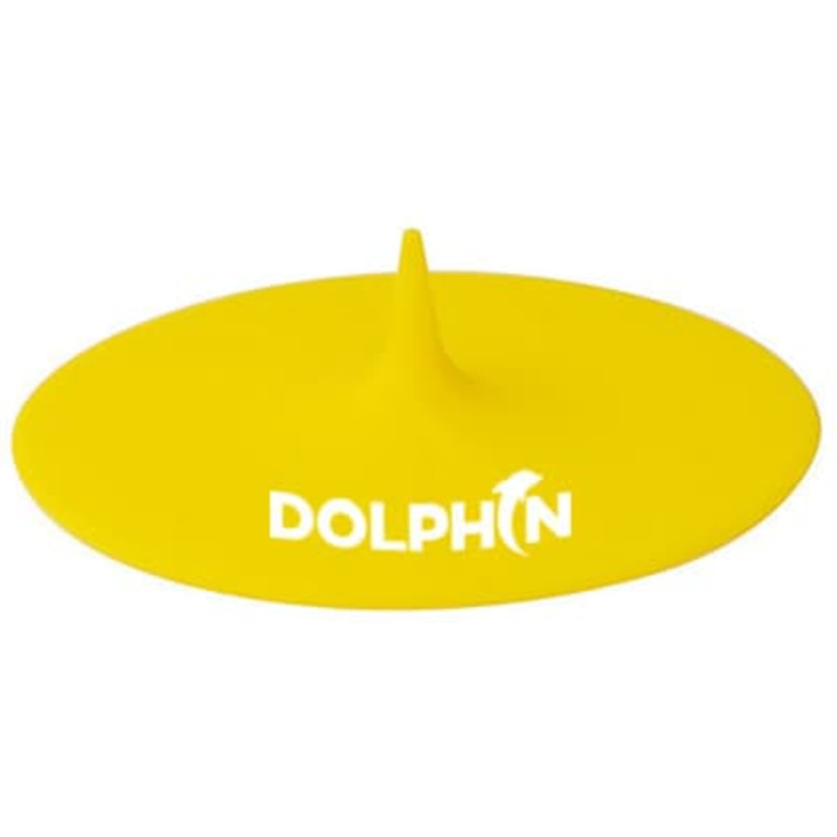 A drink bottle lid made of yellow food-grade silicone, featuring a central spike and a logo.
