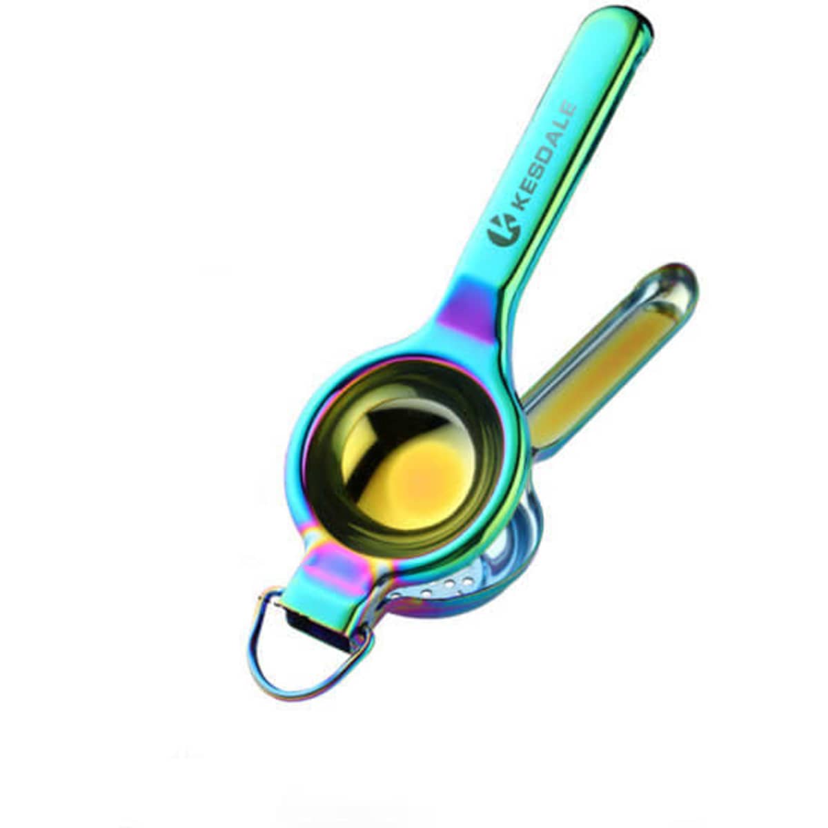 A stainless steel lemon hand press in vibrant rainbow colours with a sleek, modern design. It features a logo.