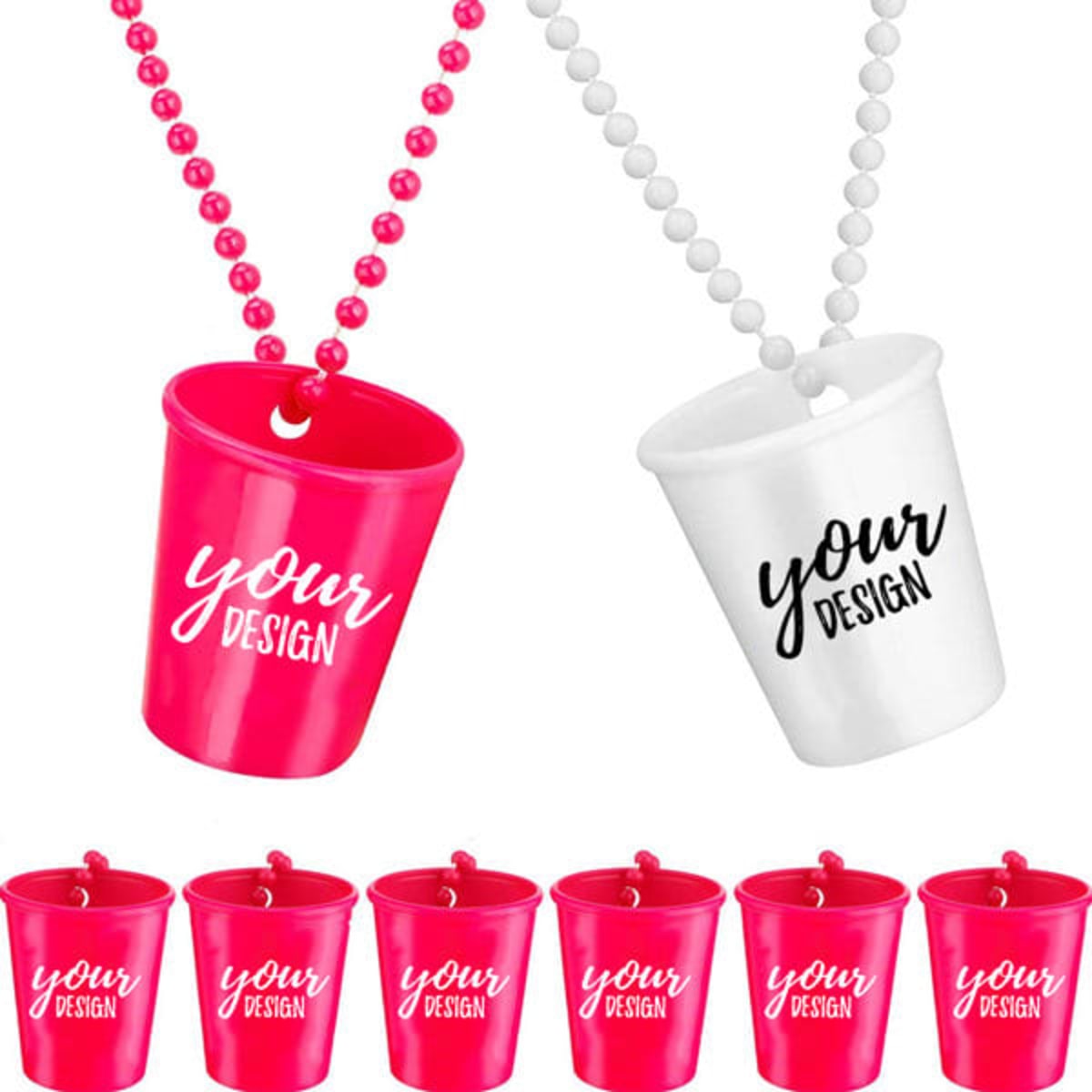 A set of pink and white shot glasses attached to beaded necklaces, featuring a logo area for custom designs.