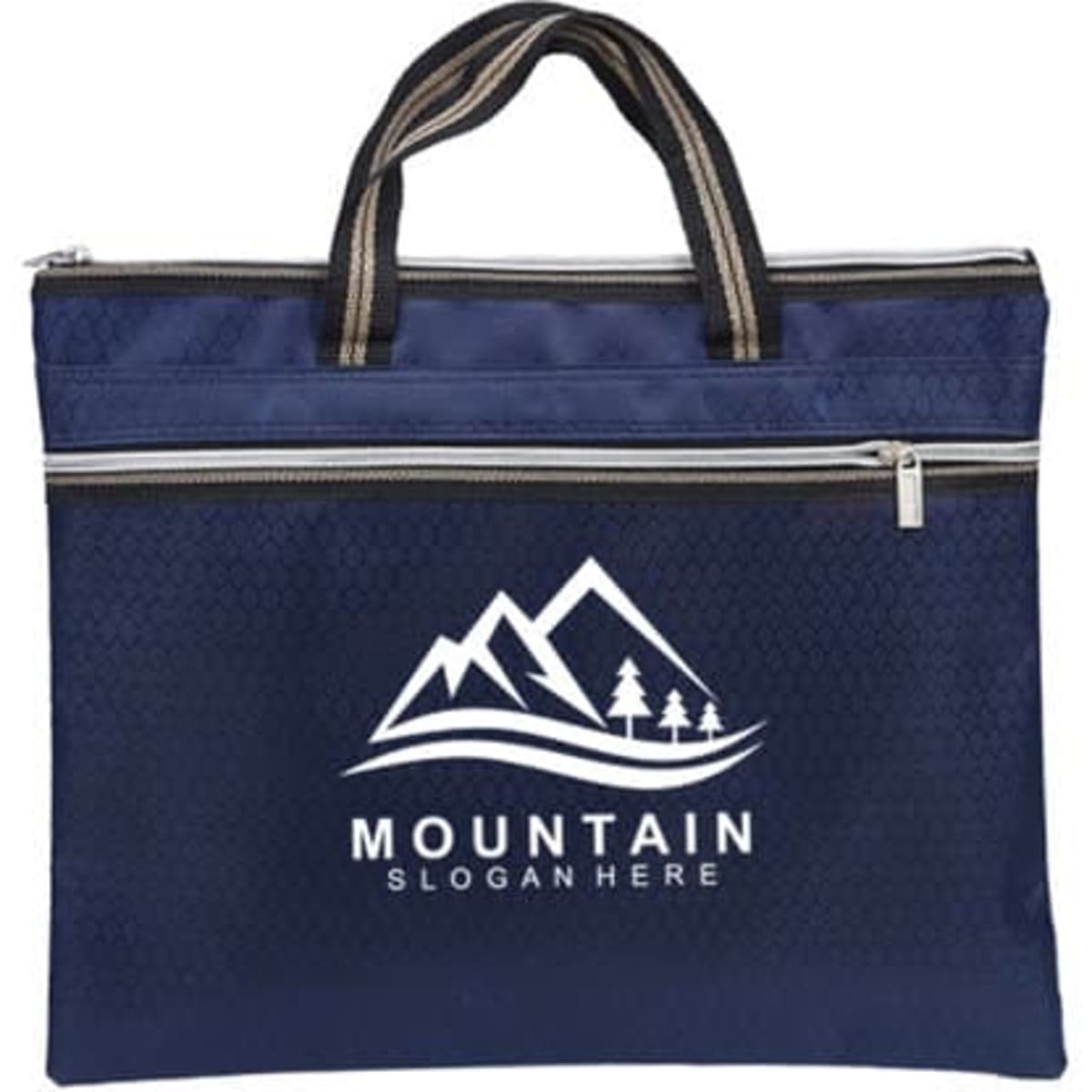 A navy blue Oxford cloth business briefcase with dual handles and a logo on the front. Features a zippered closure.