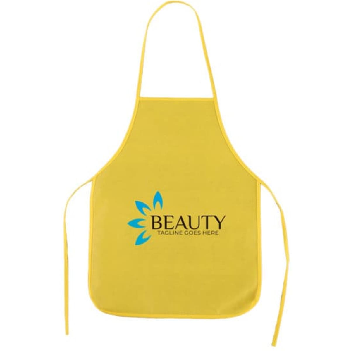 A yellow waterproof painting apron with ties and a logo on the front.