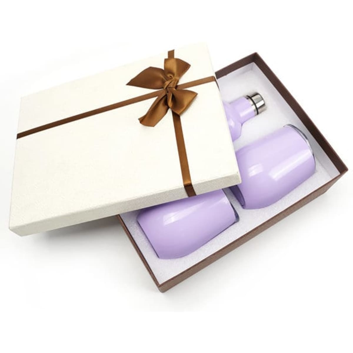 A drink bottle and two tumblers in a light purple colour, presented in a gift box with a brown ribbon.