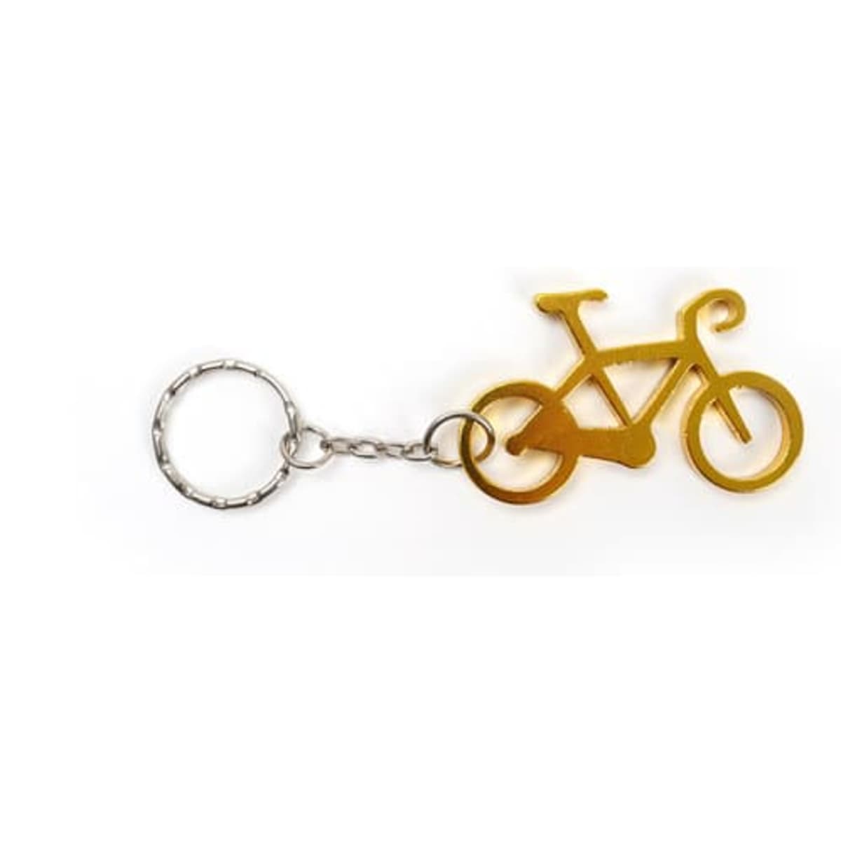 A drink bottle opener keychain in the shape of a bicycle, featuring a silver chain and a gold bike design.