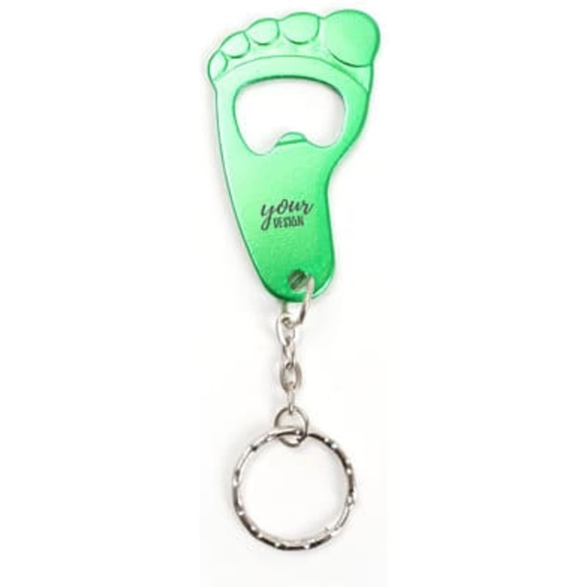 A green foot-shaped bottle opener keychain with a circular metal keyring attachment. It has a logo on the surface.