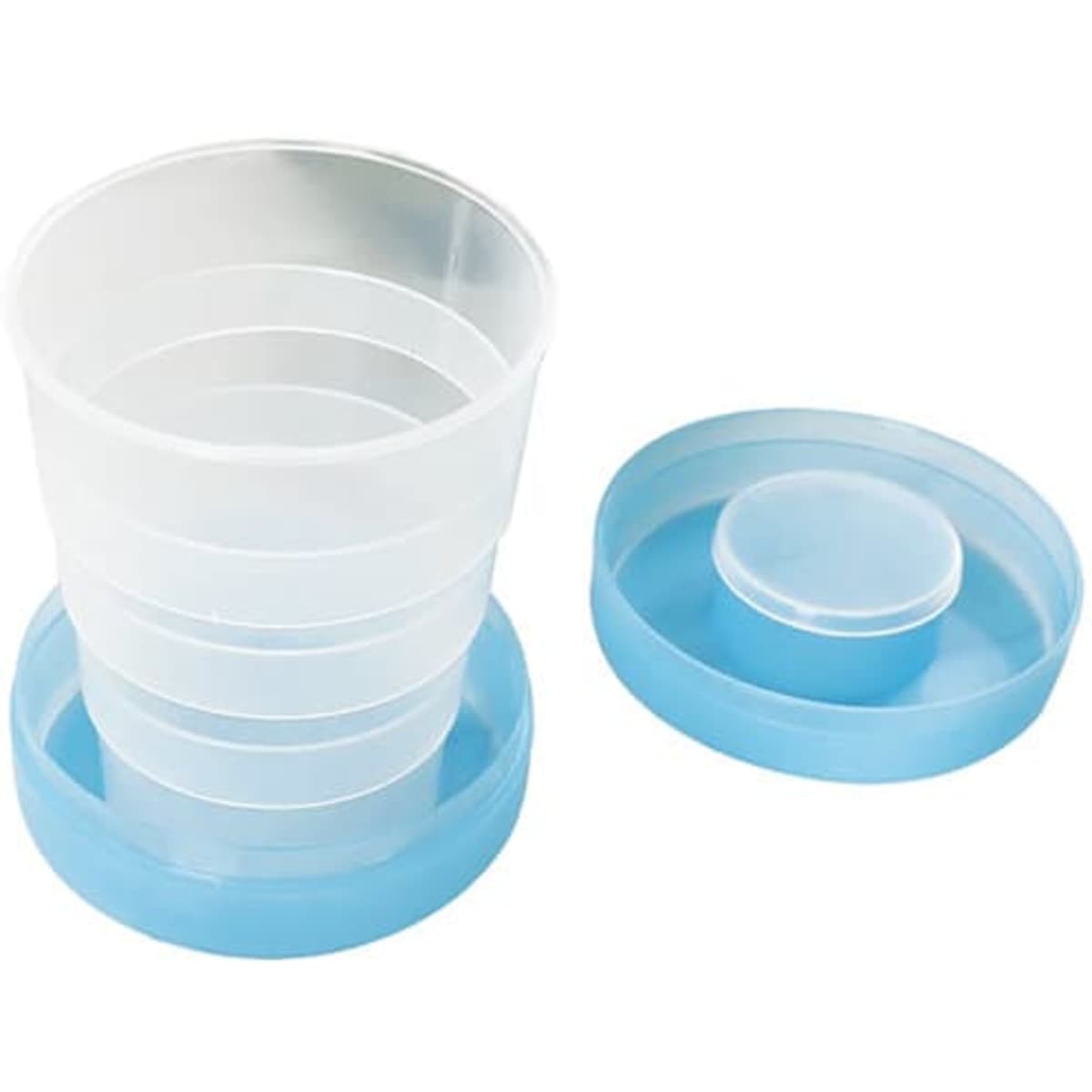 A set of collapsible plastic cups in clear and blue, stacked with a matching lid and base.