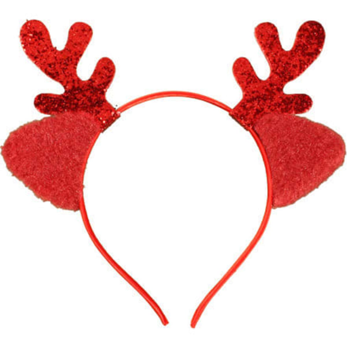 A red Christmas decoration headband featuring glittery antlers and fluffy ears.