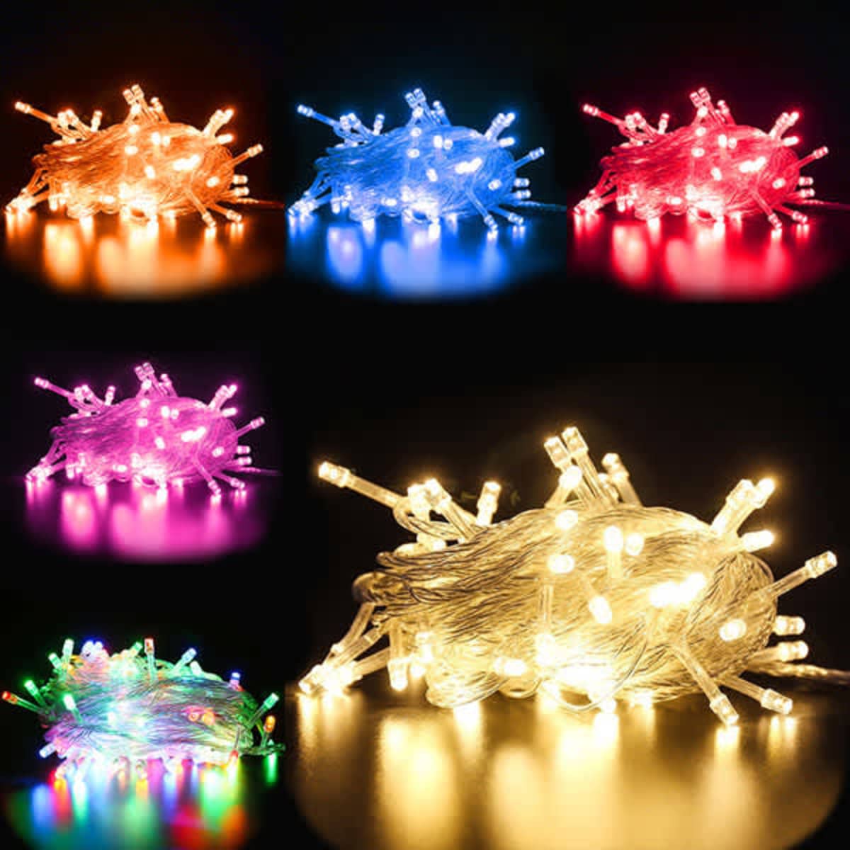A bundle of 10m LED string lights featuring various colours, including blue, pink, red, white, and multicoloured options.