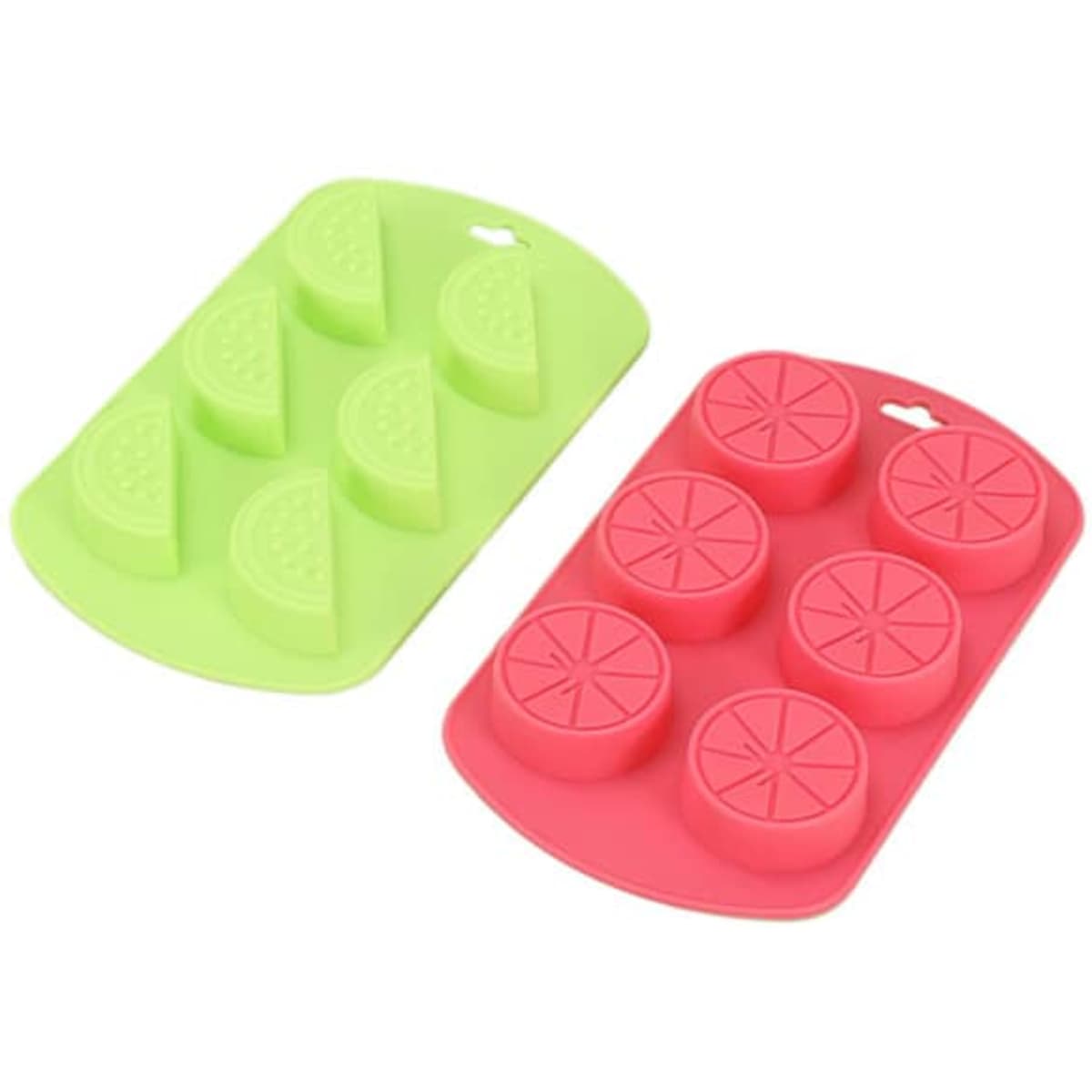 Fruit-shaped silicone moulds in vibrant green and pink, featuring six round and three wedge shapes.