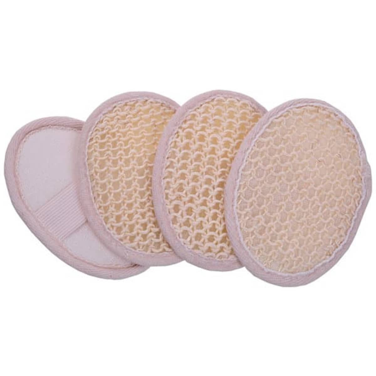 A set of four sisal exfoliating bath sponge pads in beige and light pink, featuring textured surfaces and soft backing.