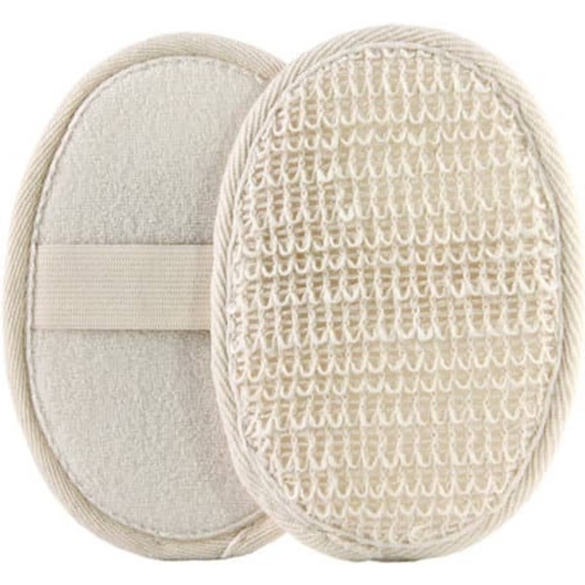 A natural cotton linen bath sponge pad in cream colour with textured surfaces and an integrated hand strap.