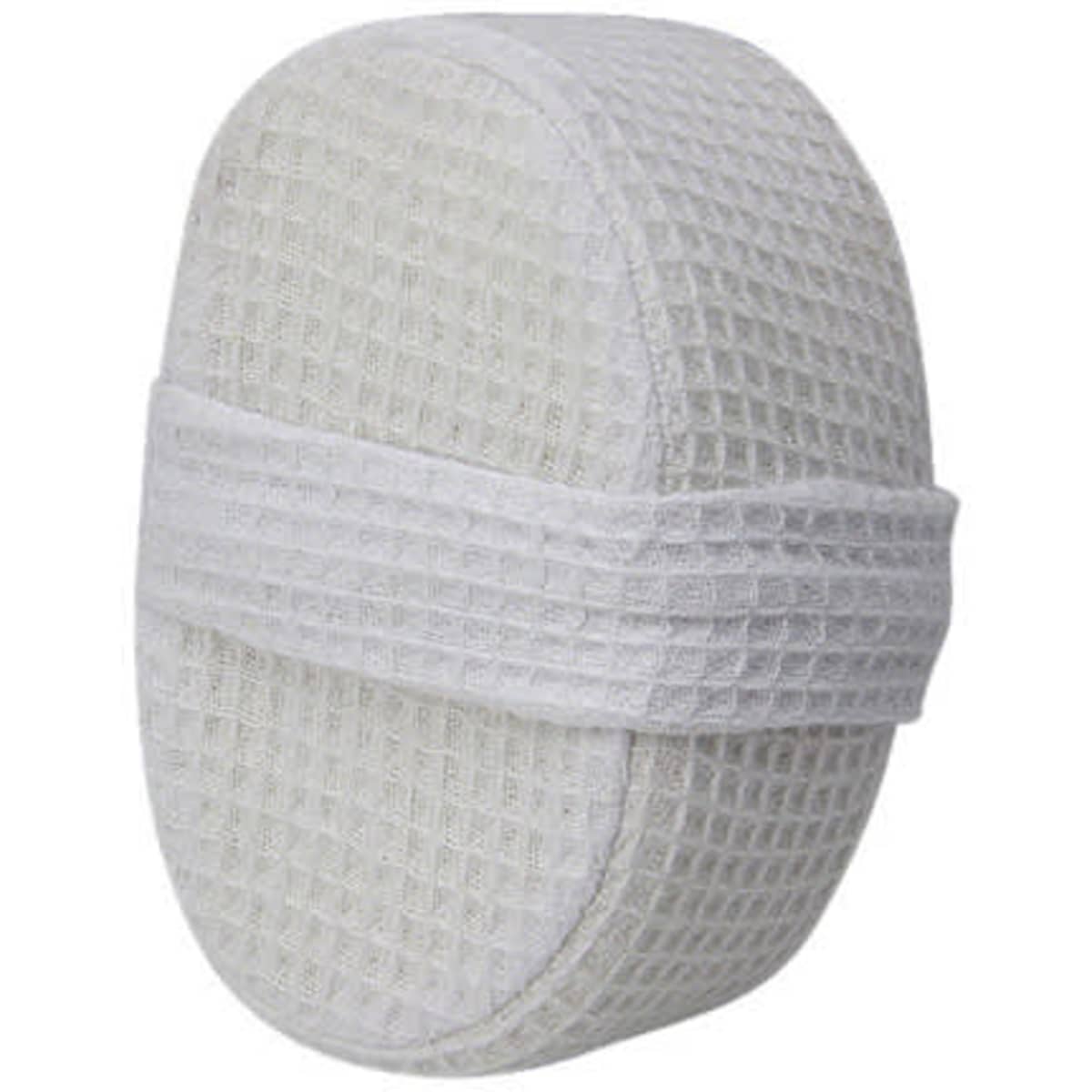 A white, textured loofah sponge pad with a soft elastic band for grip, designed for personal care use.