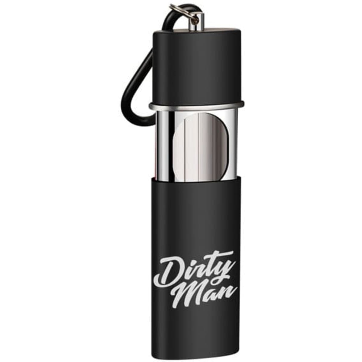 A black outdoor pocket sliding ashtray with a keychain attachment, featuring a logo.